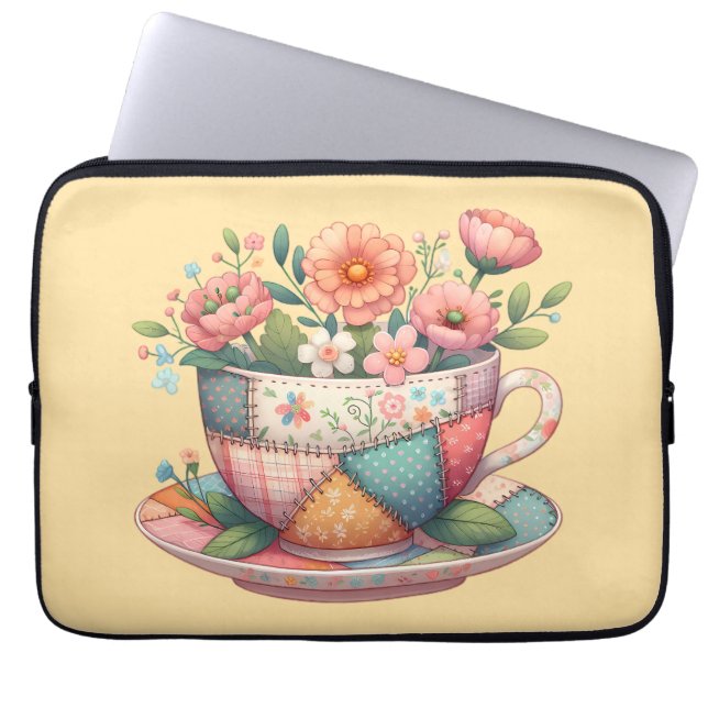 Housse Pour Ordinateur Portable Tasse patchwork aux fleurs fantaisistes (Devant)