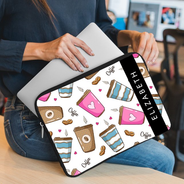 Housse Pour Ordinateur Portable Tasses À Café, Haricots À Café, Coeurs, Votre Nom (Créateur téléchargé)