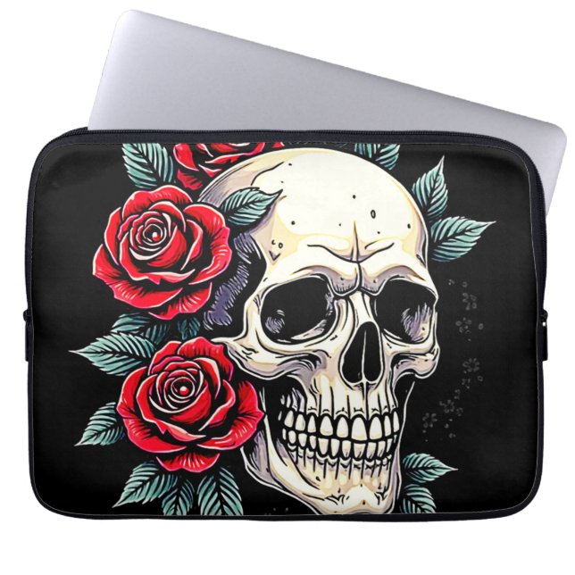 Housse Pour Ordinateur Portable Tatouage Rose du crâne (Devant)
