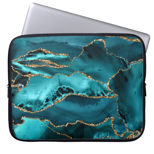 Housse Pour Ordinateur Portable Teal Blue et Gold Glitter Agate (Devant)
