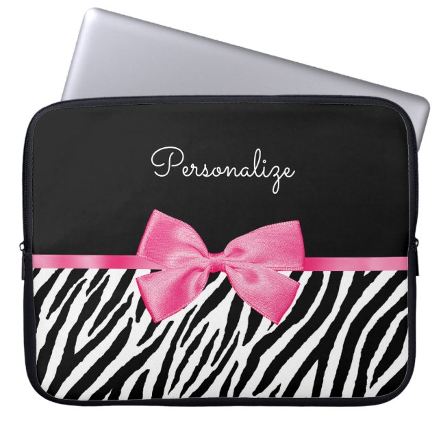 Housse Pour Ordinateur Portable Tendance Zebra Print Chic Hot Rose Bow et nom (Devant)