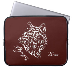 Housse Pour Ordinateur Portable Tête de loup blanc sur fond rouge sang avec nom et