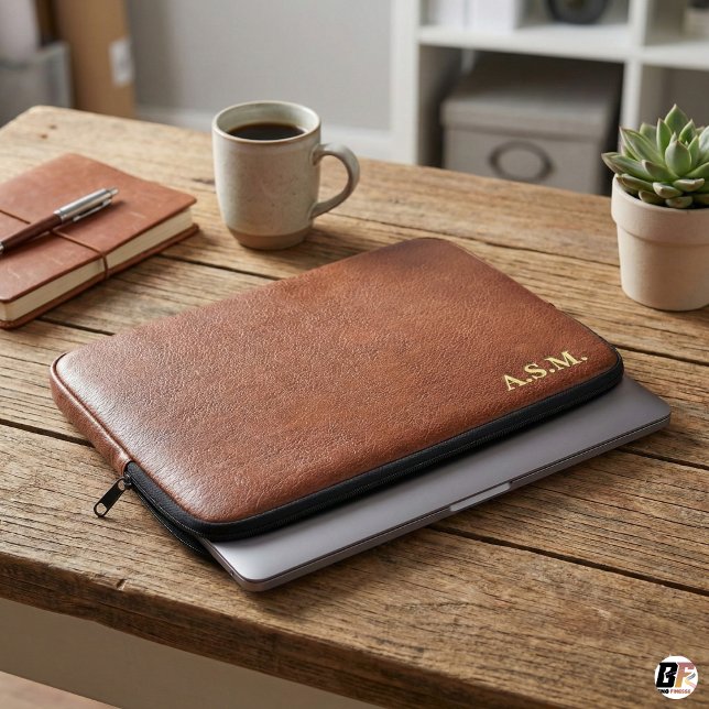 Housse Pour Ordinateur Portable Texture de cuir marron Monogramme Personnalisé (Créateur téléchargé)