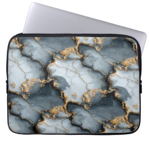 Housse Pour Ordinateur Portable Texture de marbre bleu foncé avec veines d'or liqu