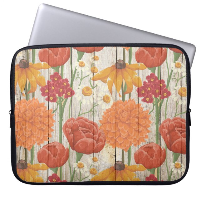 HOUSSE POUR ORDINATEUR PORTABLE TEXTURE EN BOIS AVEC FLEURS PASTEL (Devant)