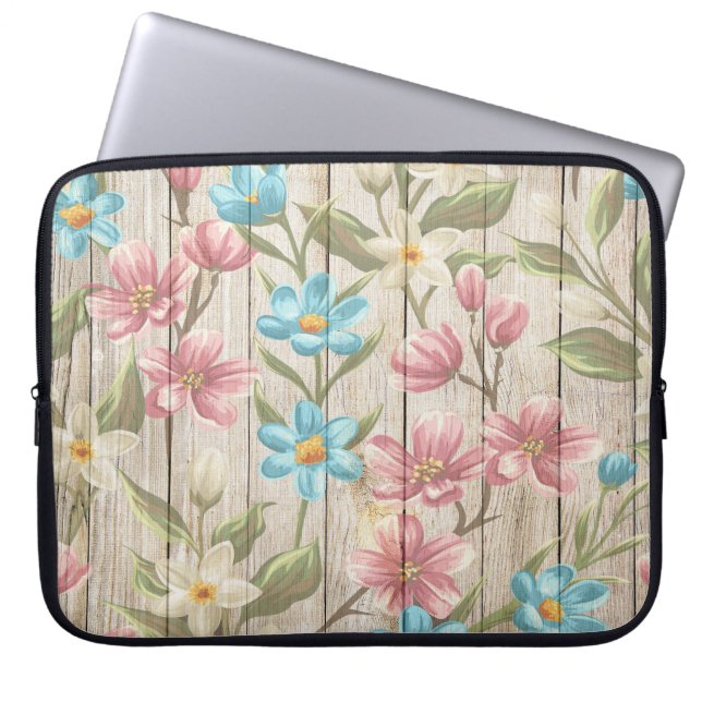 HOUSSE POUR ORDINATEUR PORTABLE TEXTURE EN BOIS AVEC FLEURS PASTEL (Devant)