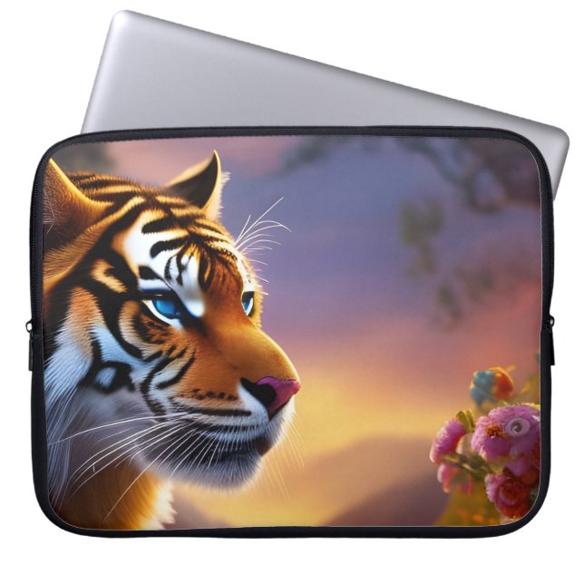 Housse Pour Ordinateur Portable Tigre bleu et fleurs roses (Devant)