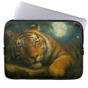 Housse Pour Ordinateur Portable Tigre d'aquarelle reposant dans la forêt nocturne