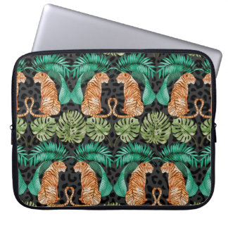 Housse Pour Ordinateur Portable Tigre et Feuilles en Aquarelle Motif sans couture
