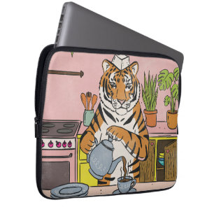 Housse Pour Ordinateur Portable Tigre faisant du thé