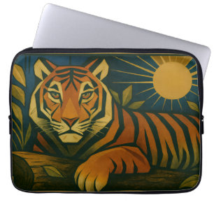 Housse Pour Ordinateur Portable Tigre stylisé dans le cadre ornemental Sunburst