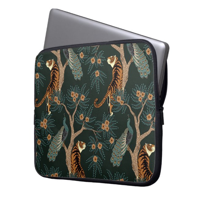 Housse Pour Ordinateur Portable Tigre vintage et paon (devant gauche)