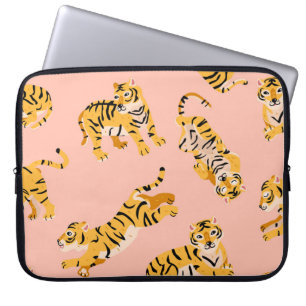 Housse Pour Ordinateur Portable Tigres caricaturaux, motif vintage rose.