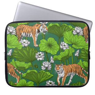 Housse Pour Ordinateur Portable Tigres dans l'étang blanc de lotus