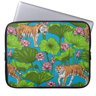 Housse Pour Ordinateur Portable Tigres dans l'étang rose lotus