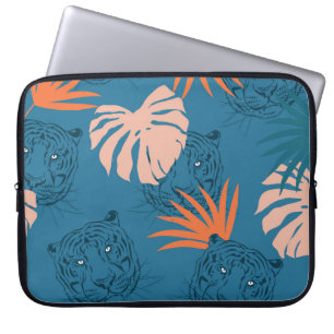 Housse Pour Ordinateur Portable Tigres tropicaux Feuilles Bleu profond