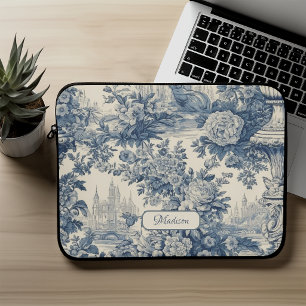 Housse Pour Ordinateur Portable Toile de Jouy Florale Monogramme Bleu Vintage