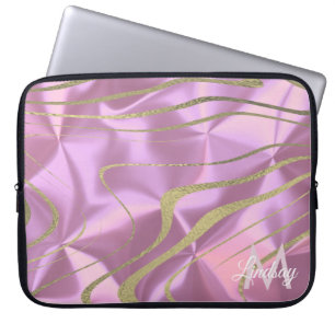 Housse Pour Ordinateur Portable Torsades de faux feuille doré rose Monogrammé