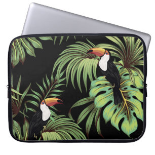 Housse Pour Ordinateur Portable Toucan vintage tropical, couteau fleuri feuille pa