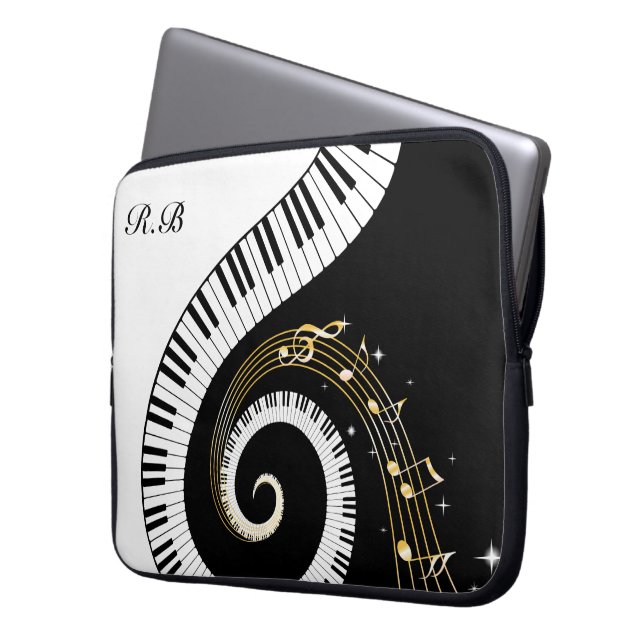 Housse Pour Ordinateur Portable Touches de piano Monogram et notes musicales (devant gauche)