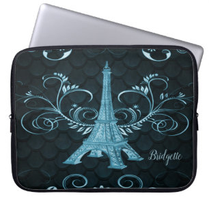 Housse Pour Ordinateur Portable Tour Eiffel Floriaux bleus