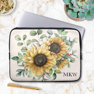 Housse Pour Ordinateur Portable Tournesol rustique vintage aquarelle monogrammé