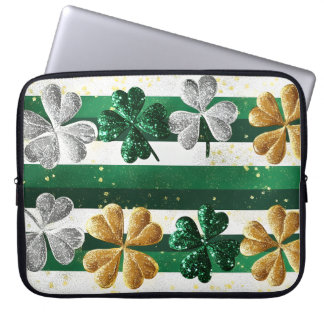 HOUSSE POUR ORDINATEUR PORTABLE TRÈFLES IRLANDAIS & RAYURE REGARD BRILLANT VERT &