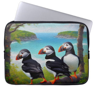 Housse Pour Ordinateur Portable Trio côtier : Trois Puffins à la plage d'Oils