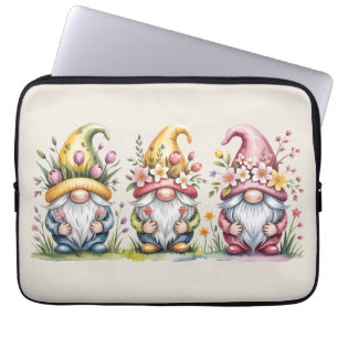 Housse Pour Ordinateur Portable Trio de gnomes de printemps à l'aquarelle avec cha