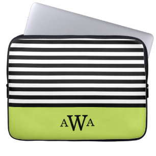 Housse Pour Ordinateur Portable Triple Lettre Monogramme Vert noir blanc rayures