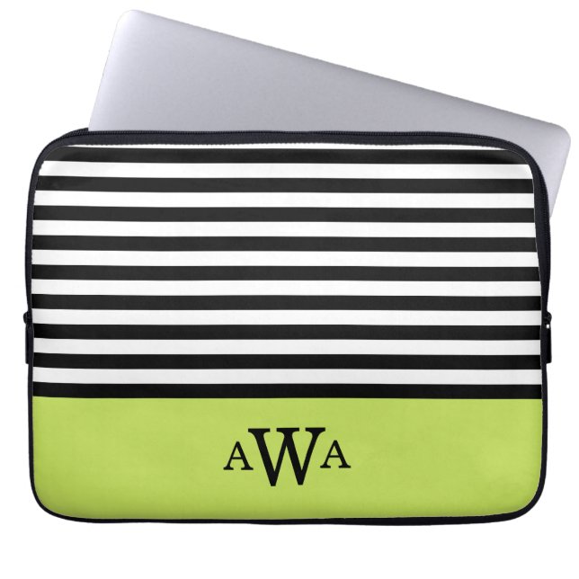 Housse Pour Ordinateur Portable Triple Lettre Monogramme Vert noir blanc rayures (Devant)