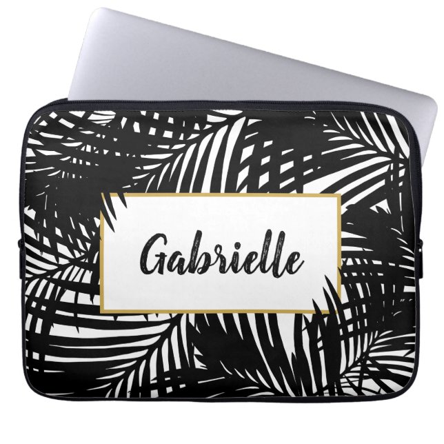 Housse Pour Ordinateur Portable Tropical Black White Modern Palm Motif (Devant)