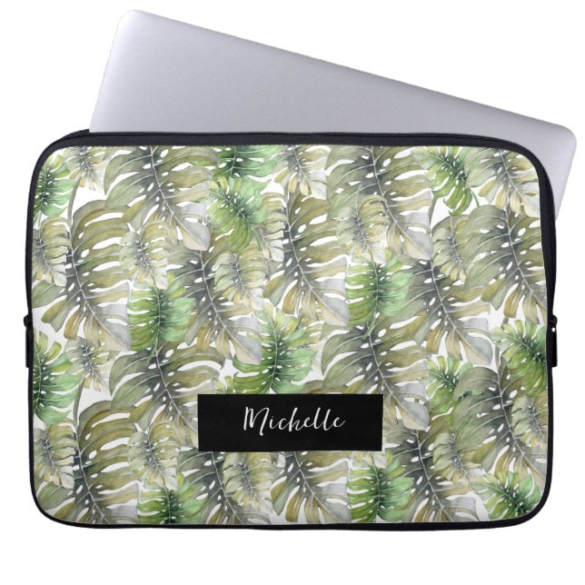 Housse Pour Ordinateur Portable Tropical Monstera Palm Pastel Monogrammed (Devant)