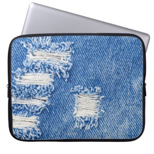 Housse Pour Ordinateur Portable Trou, jean denim, texture déchirée