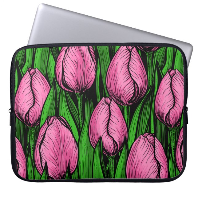 Housse Pour Ordinateur Portable Tulières roses avec feuilles verts (Devant)