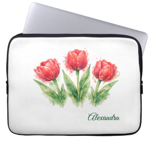 Housse Pour Ordinateur Portable Tulipes rouges aquarelle personnalisées