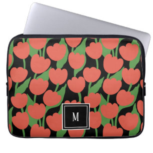Housse Pour Ordinateur Portable Tulipes rouges rétro, monogramme personnalisé