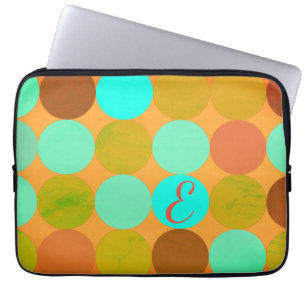 Housse Pour Ordinateur Portable Turquoise Bleu Vert & Cercles Orange Monogramme