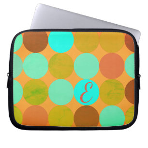Housse Pour Ordinateur Portable Turquoise Bleu Vert & Cercles Orange Monogramme
