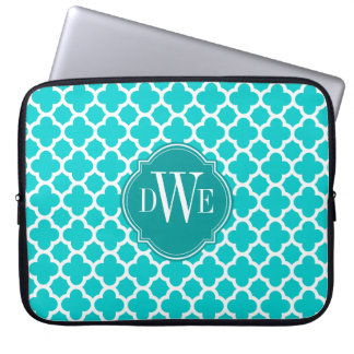 Housse Pour Ordinateur Portable Turquoise et monogramme blanc de motif de