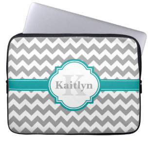 Housse Pour Ordinateur Portable Turquoise Grey Chevron Motif & Quatrefoil marocain