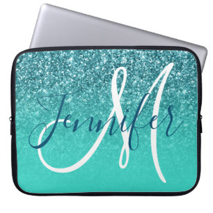 Housse Pour Ordinateur Portable Turquoise Ombre Teal Paillettes Monogramme Personn