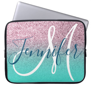 Housse Pour Ordinateur Portable Turquoise Rose Pailleté Ombré Monogramme Féminin