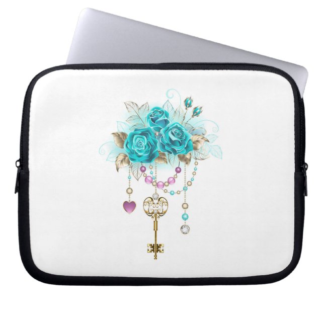 Housse Pour Ordinateur Portable Turquoise Roses with Keys (Devant)
