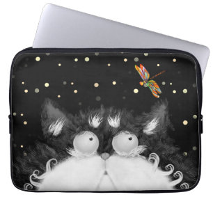 Housse Pour Ordinateur Portable Tuxedo Cat surpris par la libellule
