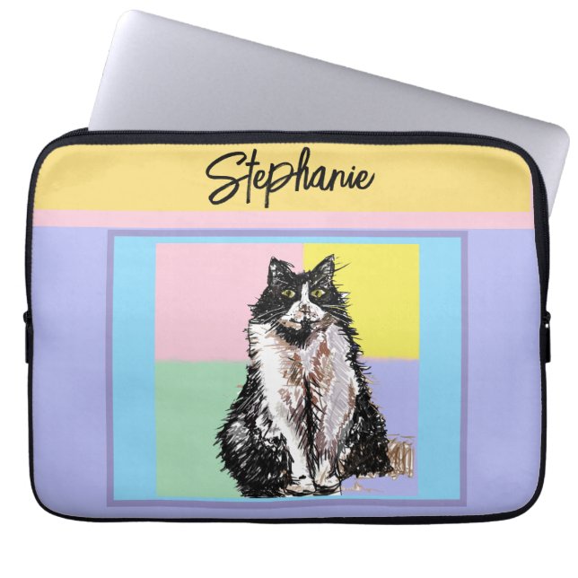 Housse Pour Ordinateur Portable Tuxedo Chat Pastel Couleurs Rose Girls Nom (Devant)