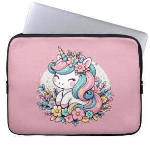 Housse Pour Ordinateur Portable Unicorne et fleurs rose et bleu