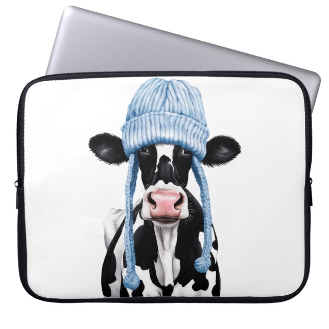 Housse Pour Ordinateur Portable Vache dans un casquette. (Devant)