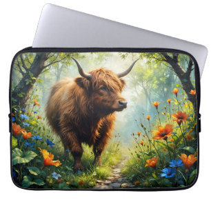 Housse Pour Ordinateur Portable Vache des Highlands dans le bois avec des fleurs s
