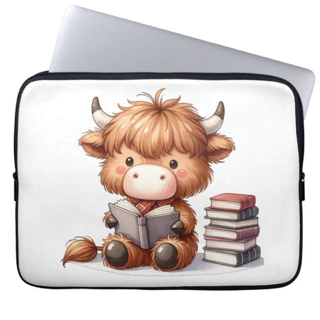 Housse Pour Ordinateur Portable Vache des Highlands lisant des livres (Devant)